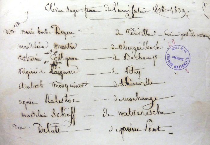 Liste des élèves admises à l'école d'accouchement pour l'année 1838-1839 