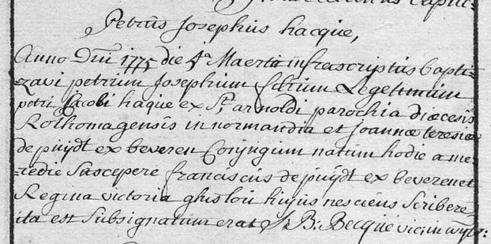 Acte de baptême de Pierre Jsoeph Hague à Wijtschate (source : Archives de l'Etat en Belgique)