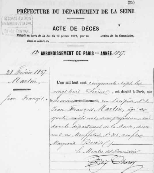 Acte de décès reconstitué de mon ancêtre Jean François Martin (Paris, XIXème siècle)