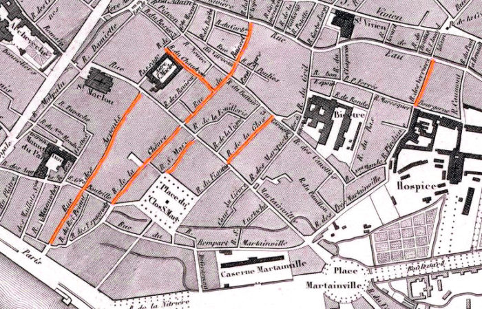 Plan du quartier Martainville avec indication des rues où ont vécu mes ancêtres - Extrait du Plan de Rouen de 1843 (source : Gallica)