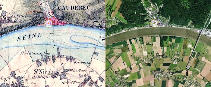 Comparaison de la carte d'état-major (1820-1866) avec une vue aérienne actuelle de la Seine à Caudebec-en-Caux (source : geoportail.gouv.fr)