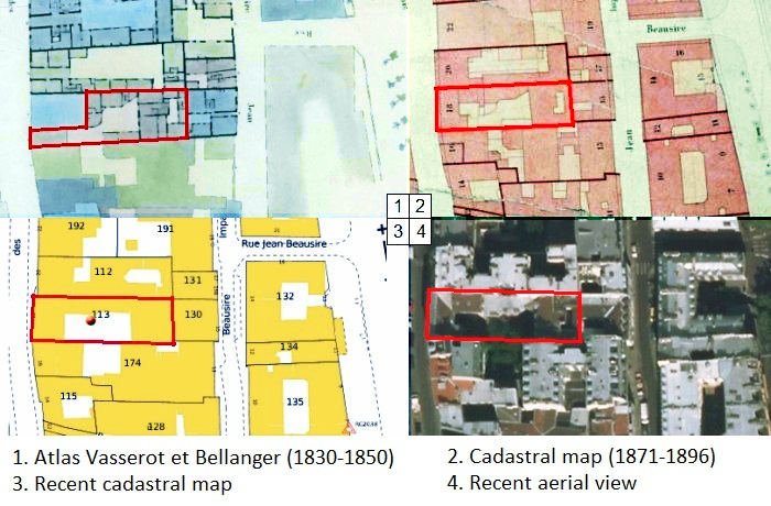 Comparaison des plans parcellaires de Paris entre 1830 et aujourd'hui (sources : AD 75, cadastre.gouv.fr et geoportail.gouv.fr)