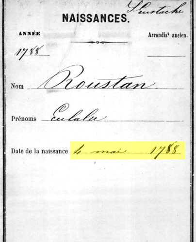 Fiche indexée de l'acte de naissance d'Eulalie Roustan (Etat civil reconstitué de Paris)