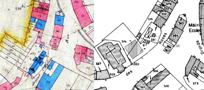 Comparaison des plans cadastraux de Thonne les Prés en 1848 et actuellement (sources : AD 55 - Cote : 139 FI 248 et cadastre.gouv.fr)