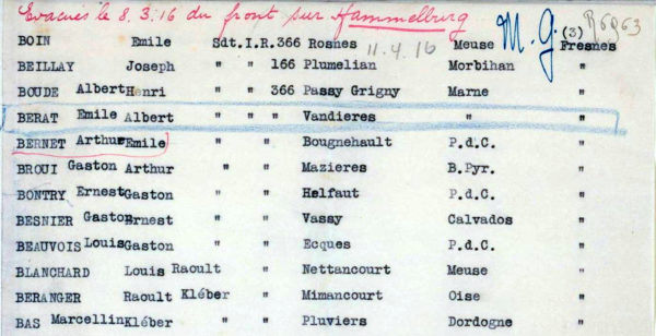 Extrait des listes de prisonniers emmenés au camp de Hammelburg (source : CICR)