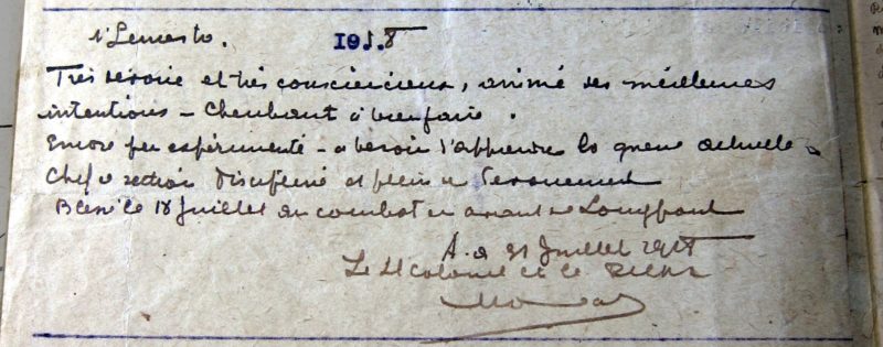 Appréciation figurant dans le dossier d’officier militaire de mon arrière-grand-père (1er semestre 1918)