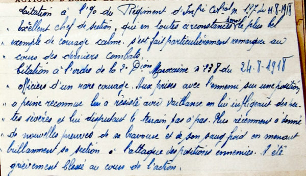 Citations de Georges CORDELETTE au cours de la Première Guerre Mondiale (source : SHD)