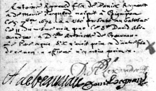 Acte de baptême protestant de mon ancêtre Antoine Regnault (11 septembre 1672)