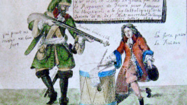 Gravure d'une dragonnade : un protestant qui signe son acte d’abjuration sous la contrainte