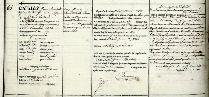 Registre d'écrou de mon ancêtre Jean-Baptiste Errard, condamné à 6 jours de prison le 26 mai 1882