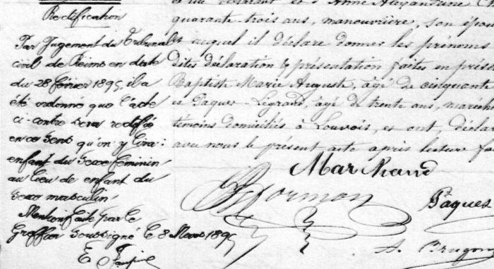 Mention marginale de rectification d’état civil en marge d’un acte de naissance de 1873